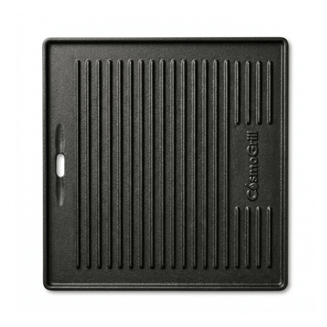 A black rectangular cast iron griddle with ridges
