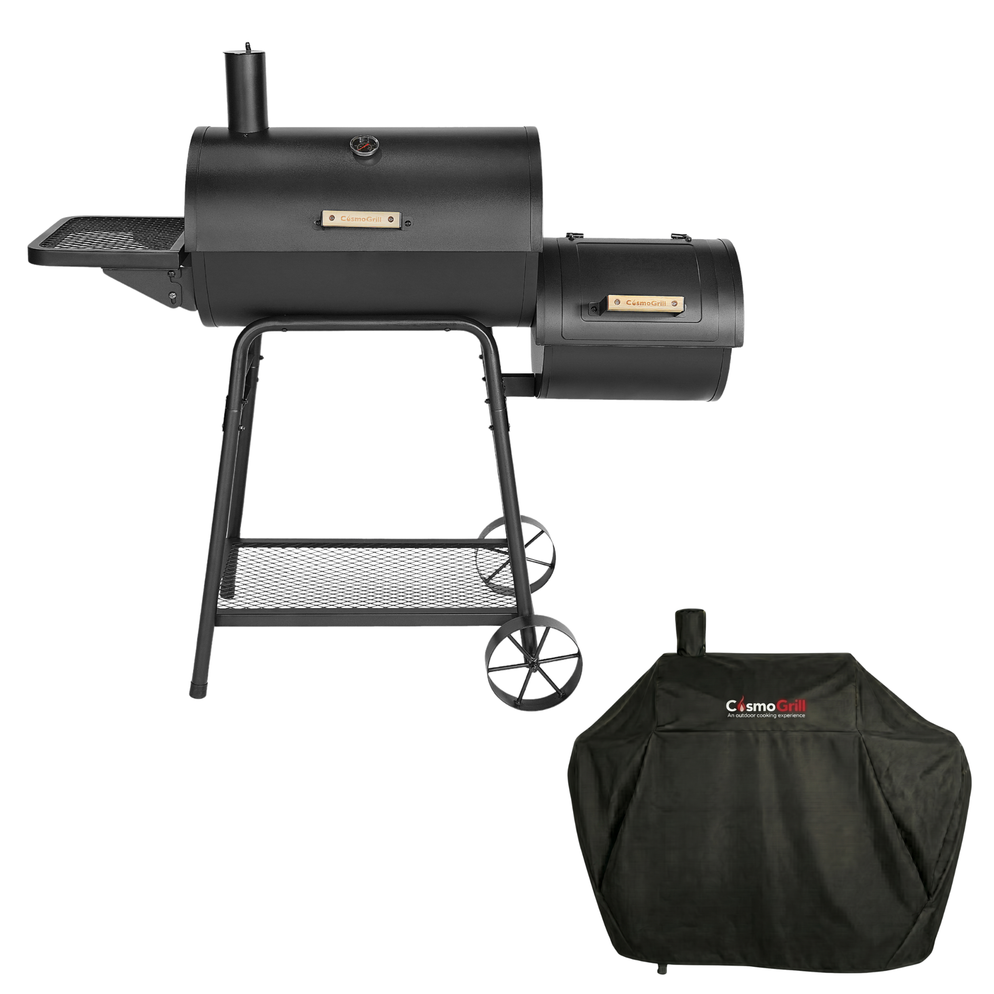 #Option_Cinder Offset Smoker Charcoal BBQ with Cover