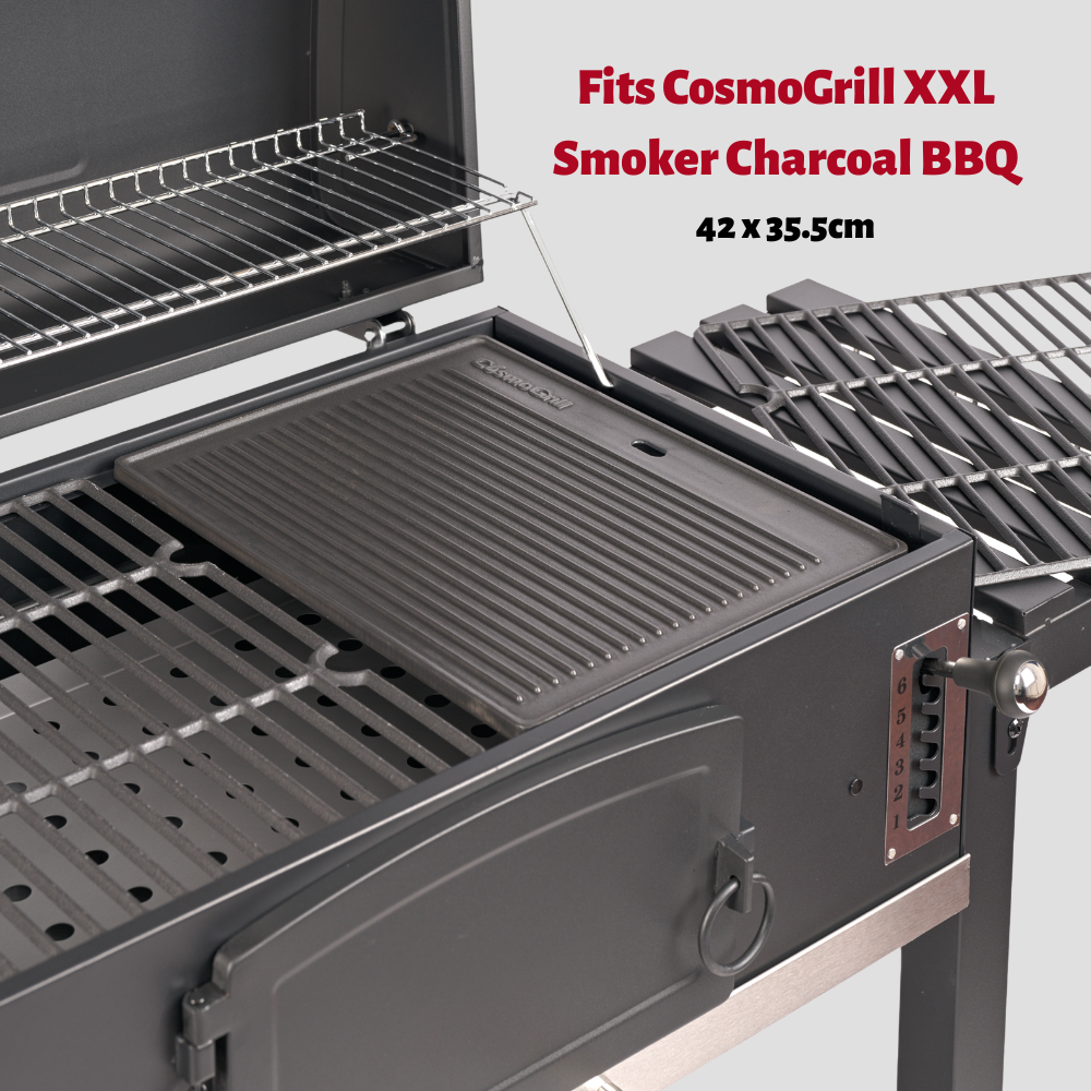 CosmoGrill XXL Smoker Charcoal BBQ with cast iron griddle and additional grill insert