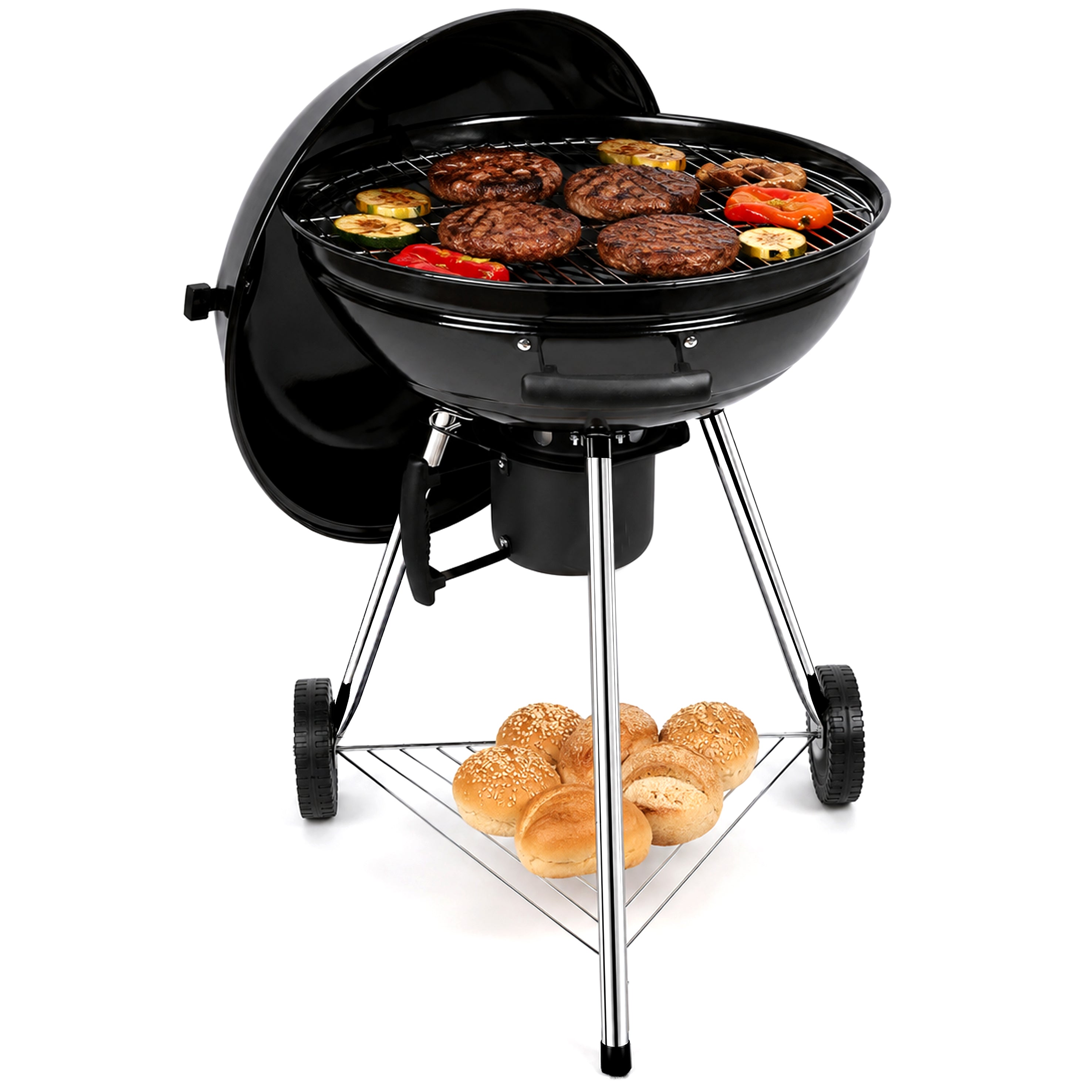 Black portable kettle grill with food